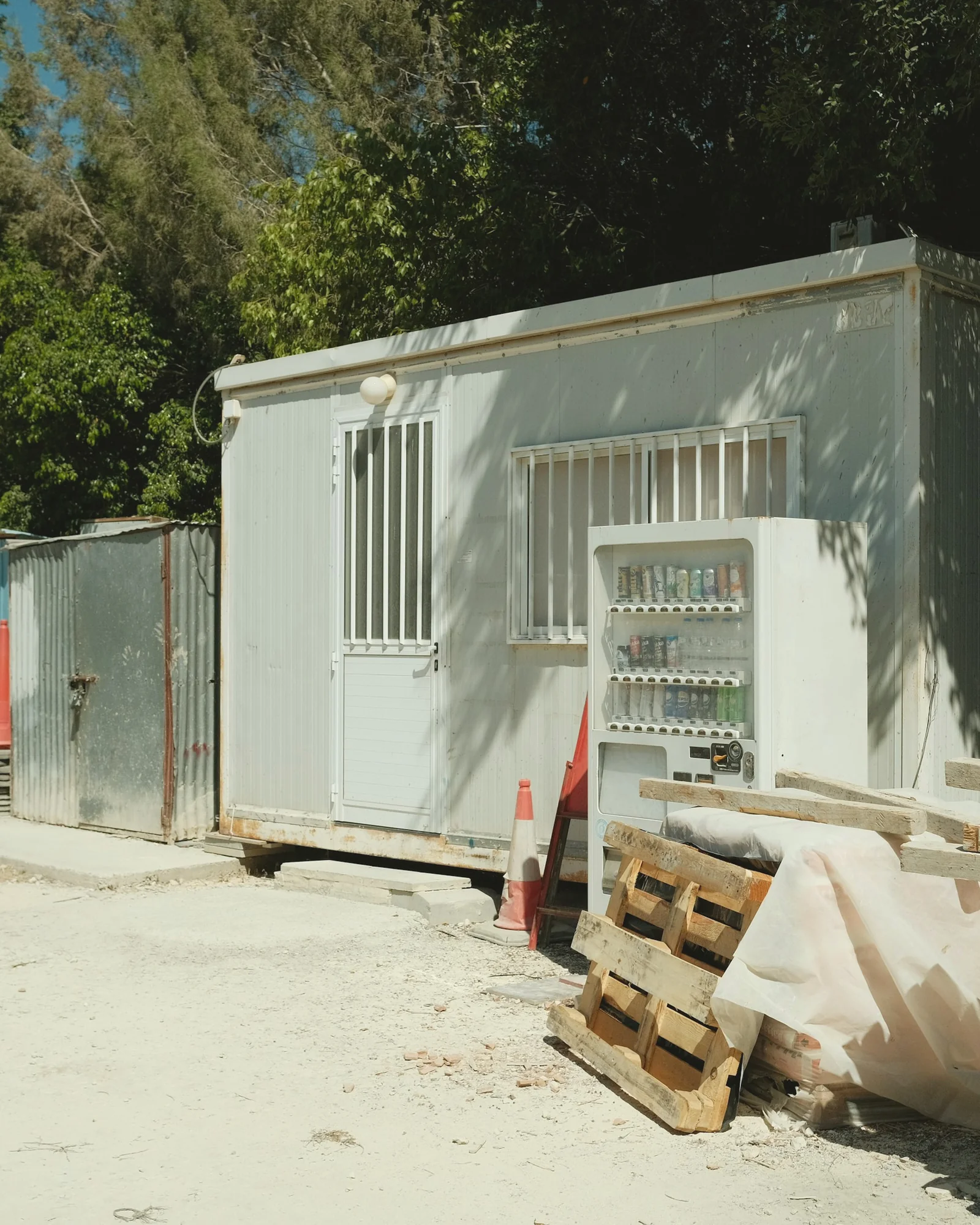 IMG Container ufficio di cantiere con finestre a grata, legname e pallet accatastati davanti, alberi dietro.